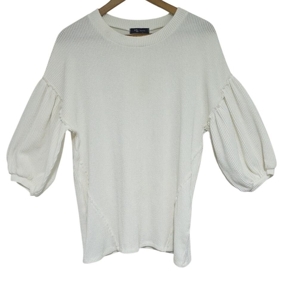 Women's Sz L Cream Ribbed Puff-Sleeve Crew Neck Preppy Neutral KLD USA Knit Top